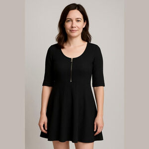 boohoo Ribbed Black Fit & Flare Dress - Size 14